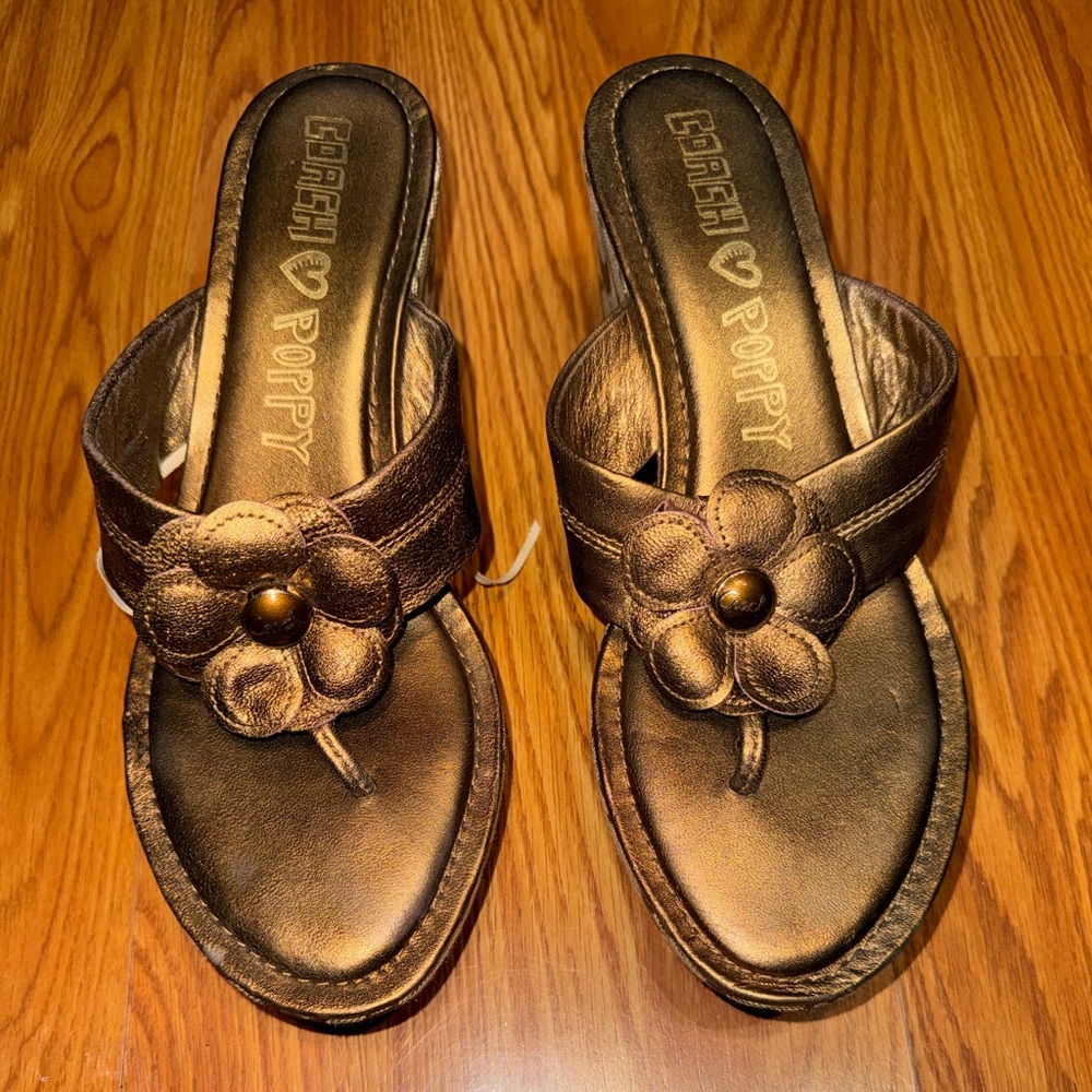 Coach Poppy Harley Metallic Bronze Platform Wedge Flip Flop Sandals – Size 9.5